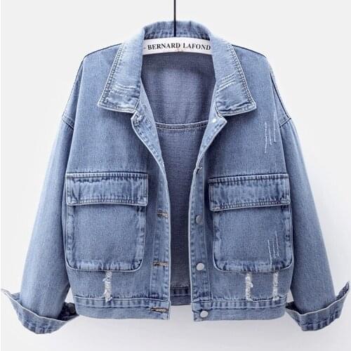 Spring Autumn Vintage Frayed Short Denim Jacket Coat Women Big Pocket Outerwear Loose Blue Jeans Jacket Females Chaqueta Mujer