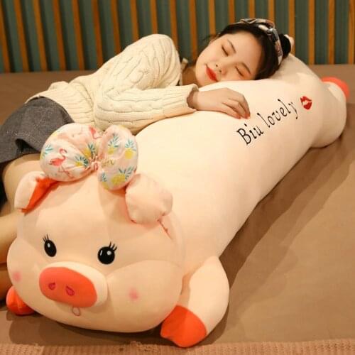 80-120cm Kawaii Lovers Bow Pig Plush Toy Soft Stuffed Cloth Long Pillow Cartoon Cushion Doll Baby Kids Christmas Birthday Gift
