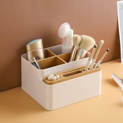 Multi-purpose Cosmetic Stationery Storage Sorting Box Desktop Plastic Tissue Case Wood Napkin Tube Holder Home Storage Organizer