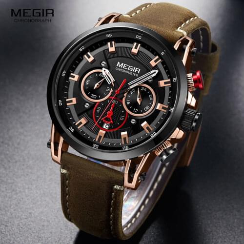 Megir Sports Watches Men Chronograph Leather Strap Waterproof Quartz Wrist Watch Man 24 Hours Relogios Masculino 2085 Rose Black