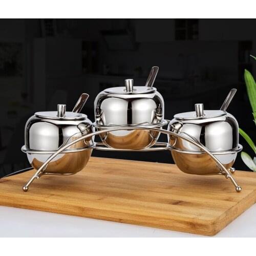Set of 3 Stainless Steel Spice Jar with Cover and Spoon Rack Salt and Pepper Kitchen Accessories Spices Organizer Seasoning Box