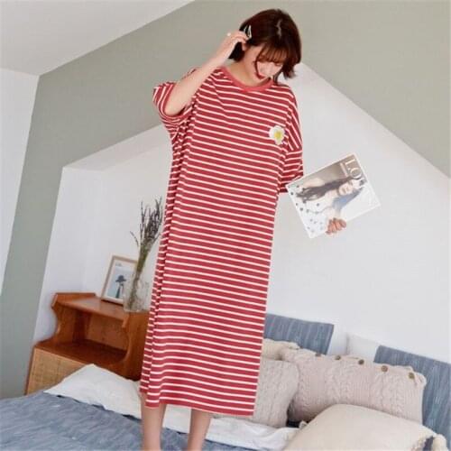 Night skirt striped cotton female spring and summer cute short-sleeved Korean loose pregnant women can wear home clothes pijama