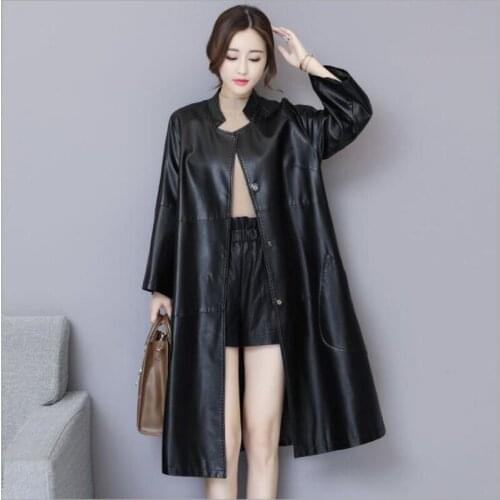 2021 Spring New Womens Genuine Leather Jacket Female Mid-length Windbreaker Korean Fashion Loose Sheepskin Coats Trendy Outwear