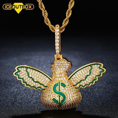 ICEOUTBOX US Dollar Money Bag Pendant Necklace With Tennis Chain Gold Bling Cubic Zircon Mens Hip Hop Necklace Rock Jewelry