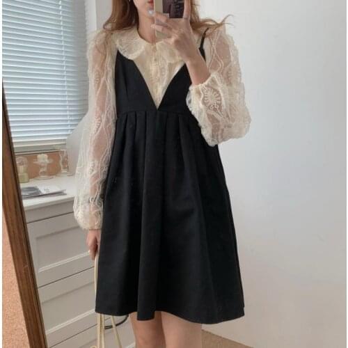 Harajuku Casual Lace Basic 동대문 Korean Princess Sweet Shirts+New Fashion Black A-Line Slip Dresses All Match Two Piece Sets