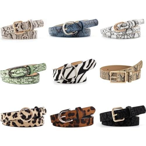Female Leopard Belt Snake Skin Zebra Print Thin Horsehair Waistband PU Leather Gold Ring Heart Pin Metal Buckle Ladies Belts