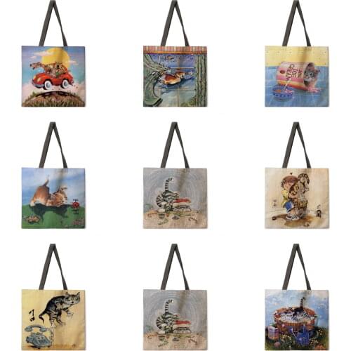 Funny cat painting print tote bag female casual portable lady shoulder bag foldable shopping bag outdoor beach bag