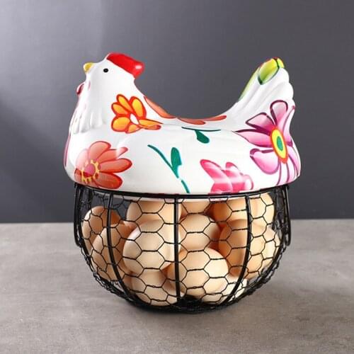 Creative Flower Metal Ceramic Hen Ornament Egg Fruit Storage Basket Container Kitchen Tableware Supplies