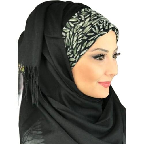 New Fashion 2021 Hijab Islamic Clothing Turban Womens Hat Spring Summer Scarf Sayf Black Green Leaf Black Shirred Ready Shawl
