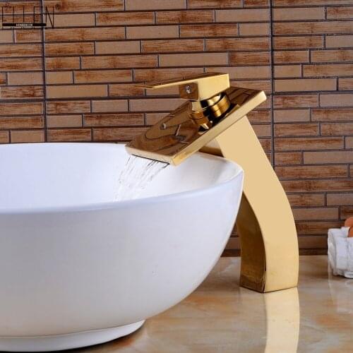 Vidric Bathroom Vessel Faucets Gold Waterfall Bath Sink Water Mixer Golden Basin Faucet Hot and Cold Deck Mounted ELS1501G