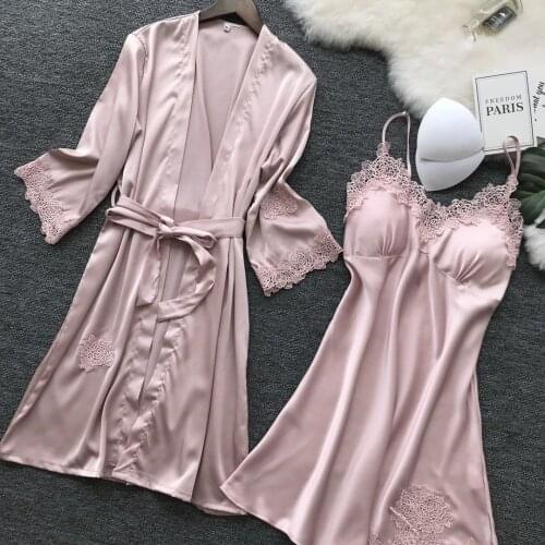 Satin Sexy V-Neck Nightdress Suit Women Kimono Robe Gown Set Pink Bathrobe Sweet Lace Trim Sleepwear Casual Home Wear With Belt