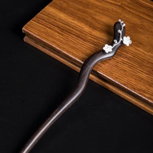 Vintage 925 Sterling Silver Wavy Plum Wooden Hairpin For Women Handmade China Vintage Style Lady Hair Jewelry