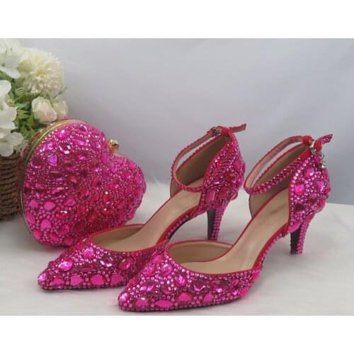 BaoYaFang Summer Sandals Fucshia Pink Bridal High heels Shoes Bag Ladies Big size Ankle Strap Wedding party dress shoes bag set