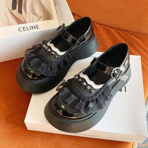 Japanese Gothic Mary Jane Shoes Womens Autumn New Lolita Lovely Big Round Head Pu Cosplay Goth Harajuku Punk Rivet Platform