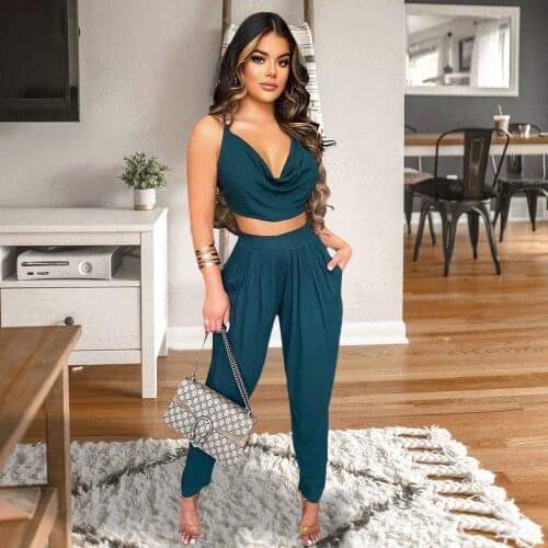 Women 2021 Fashion Summer Casual Two Piece Set Strap Backlesss Crop Tops + Stretch Long Harem Pants Female Clothing Outfit