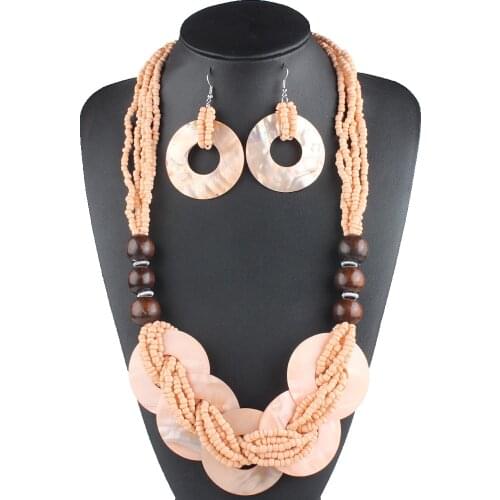 Claire Jin Big Shell Women Long Necklace and Earrings Boho Jewelry Sets Small Beads Wood Ball Sweater Chain Fashion Accessories