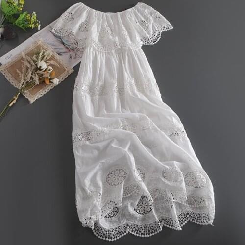 Lamtrip Fairy Beach Hollow Out Embroidery Slash Neck Cotton Dress Lolita Robe