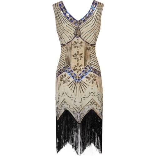 Women Vintage 1920s Diamond Sequined Embellished Fringed Great Gatsby Flapper Dress Retro Tassle Croche Midi Party Dress