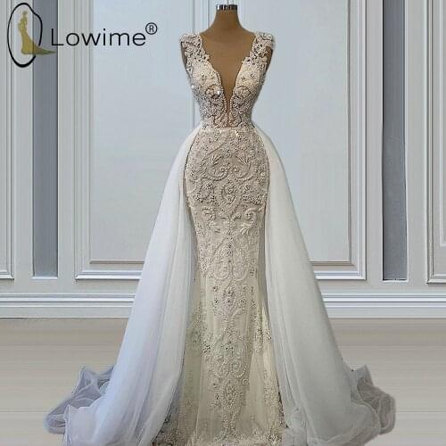 2021 Ivory Deep V Neck Mermaid Wedding Dresses with Detachable Train Luxury Pearls Bridal Gowns Robe De Soirée De Mariage