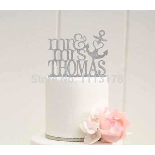 Acrylic Glitter Mr and Mrs Wedding Cake Topper with YOUR Last Name Heart Anchor Nautical Beach Toppers party decorations
