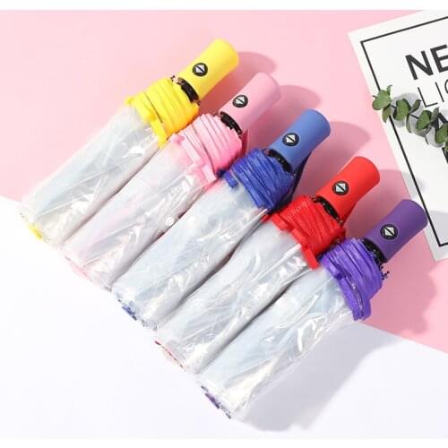 Automatic Transparent Umbrella Hipster Folding Three-Fold Umbrella Color Handle White PVC Rain Umbrella for Women