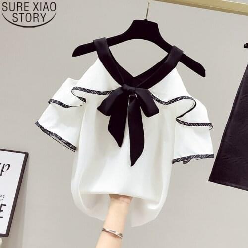 Blusas Sexy Off Shoulder Chiffon Blouse Women Summer New Korean Sweet Tops Short Sleeve V-neck Straps Shirt Bow Blouses 14848