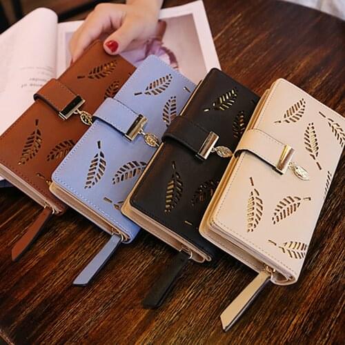 Long Hollow Leaf Pendant Wallet Korean PU Zipper Ladies Clutch Pure Color Women Wallet HASP Long Zipper Buckle Wallet Hollow
