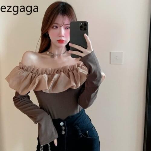 Ezgaga 2021 Autumn Long Sleeve Women Elegant T Shirts Ruffles Patchwork Stretch Off Shoulder Sexy Crop Tops Solid Korean Chic