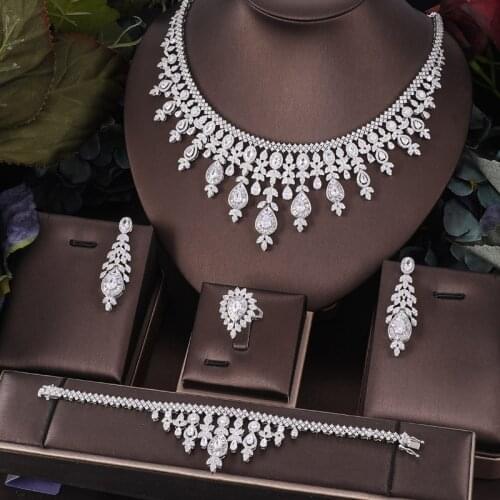 Janekelly 4pcs Bridal Zirconia Full Jewelry Sets For Women Party, Luxury Dubai Nigeria CZ Crystal Wedding Jewelry Sets