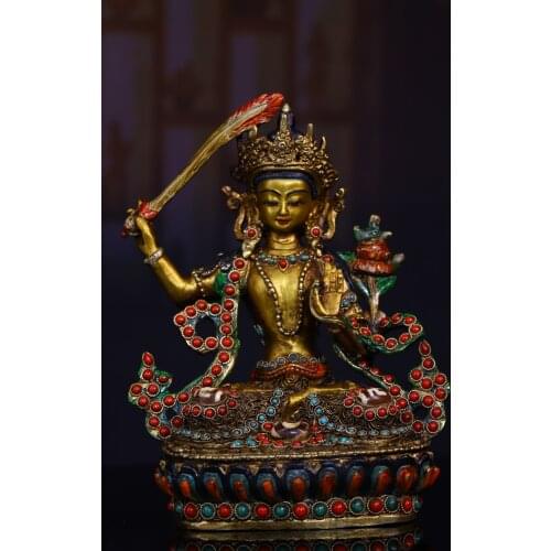 6"Chinese Folk Collection Old Bronze outline in gold mosaic Gem Dzi Bead Manjushri Guanyin Sitting Buddha Ornaments Town House