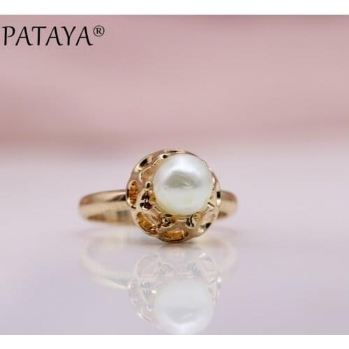 PATAYA New Special Offer 585 Rose Gold Rings Round Imitation Pearls Hollow Engraved Women Wedding Party Jewelry Girl Cute Gift