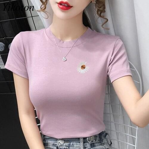 100% Cotton Womens T-Shirt Embroidery O Collar T Shirts Short Sleeve Clothes Women Slim Basic Tshirt Casual Top Tees For Female