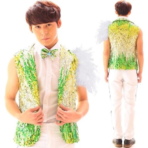Fashion Mens Multicolour Paillette Vest Costume Male dj rack drum performance wear hip-hop Jazz stage clothes