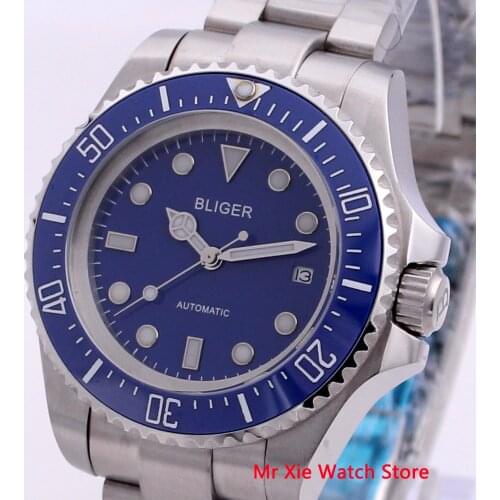 Bliger 43mm Automatic Mechanical Mens Watch Business Luxury Brand Ceramic Bezel Day Date Sapphire Glass Luminous Wristwatch Men