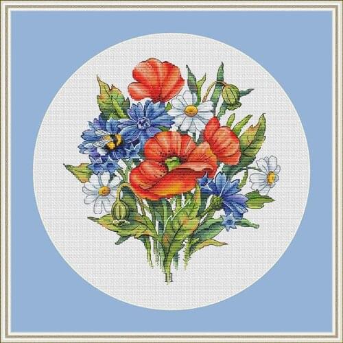 -Poppy and Daisy Bouquet 34-35 Cross Stitch Set Cross-stitch Kit Embroidery Needlework Craft Packages Cotton Fabric Floss