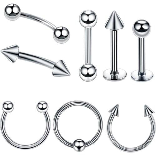 8 Pieces 16G Stainless Steel Body Jewelry Kit Circular Barbell Nose Ring Lip Eyebrow Tongue Belly Rings Helix Tragus Piercing
