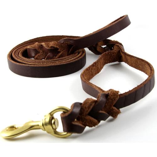 2021 new pet double handle pure leather fashion dog leash for large and medium-sized dogs explosion-proof lea
