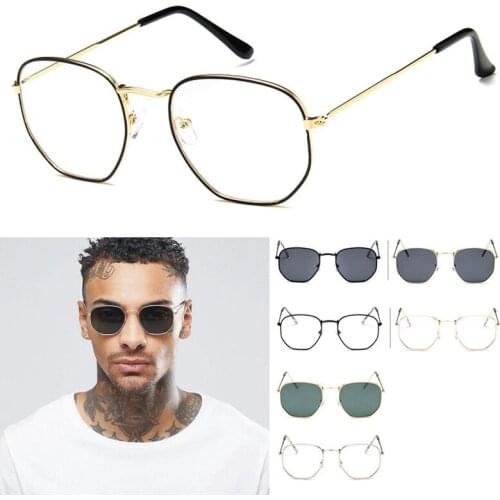 Fashion Sunglasses Women Brand Designer Small Frame Polygon Clear Lens Sunglasses Men Vintage Sun Glasses Hexagon Metal Frame