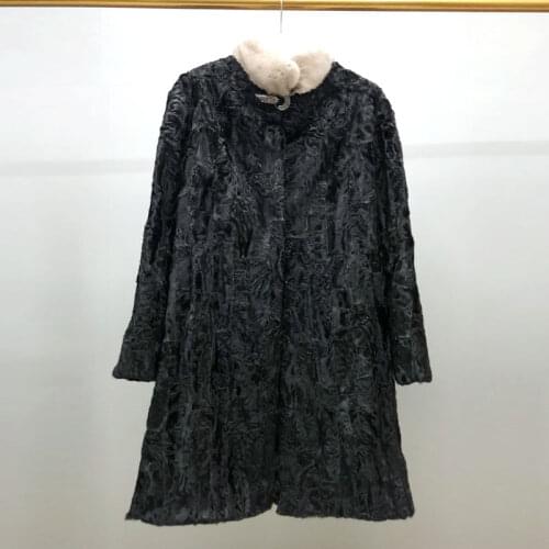 Real fur coat Natural karakul fur coat long section Mink collar ladies warm sheepskin coat winter