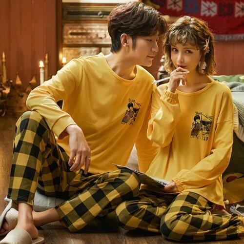Couple Pajamas Set Simple Casual Pijama Men Cotton Sleepwear Long Sleeves Long Pants Homewear Comfort Pyjama Gift For Lover