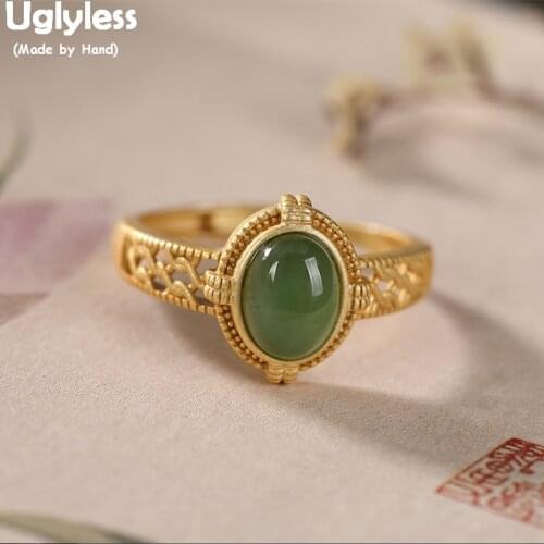 Uglyless Palace Style Simple Luxury Silver Rings for Women Oval Green Jade Open Finger Rings Real 925 Silver Retro Dress Jewelry