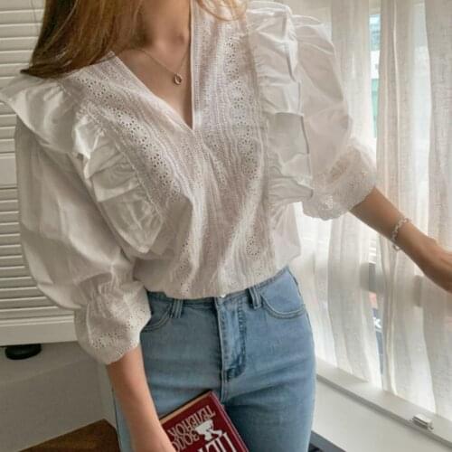 Han edition of palace restoring ancient ways the wind ruffled v-neck dust lotus leaf sleeve shirt