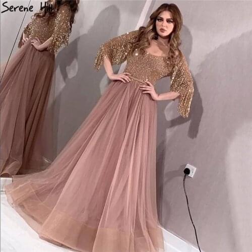Serene Hill Rose Gold O-Neck Sequined Prom Dresses 2020 A-Line Sexy Sparkle Formal Dress DLA60976