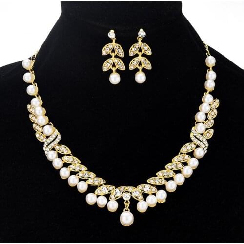 Faux Pearl Rhinestone Leaf Dangle Earrings Necklace Bridal Wedding Jewelry Set