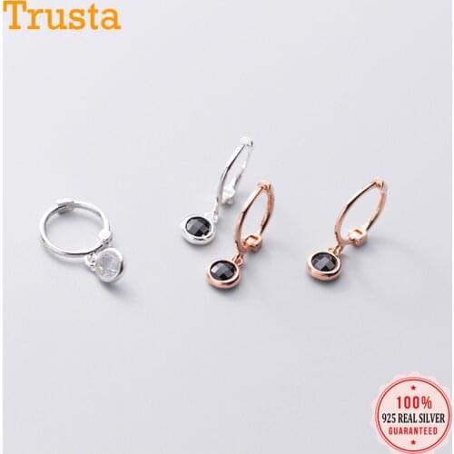 Trustdavis Genuine 925 Sterling Silver Cute Round Water Drop White Black CZ Hoop Earring for Women Piercing Earing Jewelry DA999