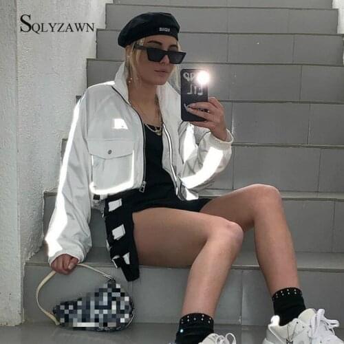 Women Cropped Jacket Fashion Autumn Turtleneck Pullover Night Reflection Coat Ins Female Loose Zipper Big Pockets Outwear Coat