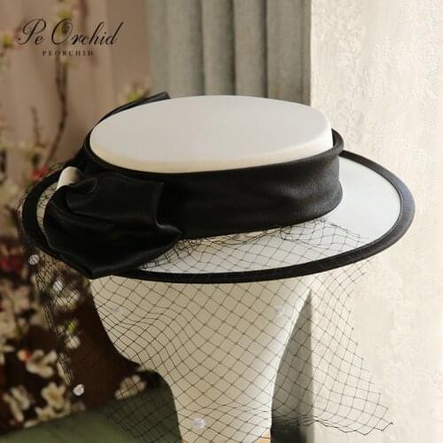 PEORCHID Vintage Wedding Fascinators Hats For Women Black White Women Brides Headpiece Sinamay Face Bridal Veil Hair Accessoires