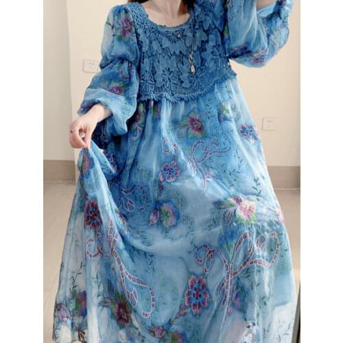 Dresses Summer Women Korean Fashion Blue Dress Sweet Luxury Embroidery Lantern Sleeve Casual Loose Midi Dress vestido feminino
