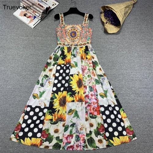 Truevoker Spring Runway Resort Dress Womens High Street Ethnic Printed Diamond Beading Ankle Length Spaghtti Strap Dresses