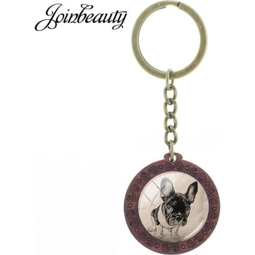 JOINBEAUTY Animal Dog Wooden Pendant key chain Glass Cabochon Dome Keychain Charms Car key Jewelry Key Holder A113